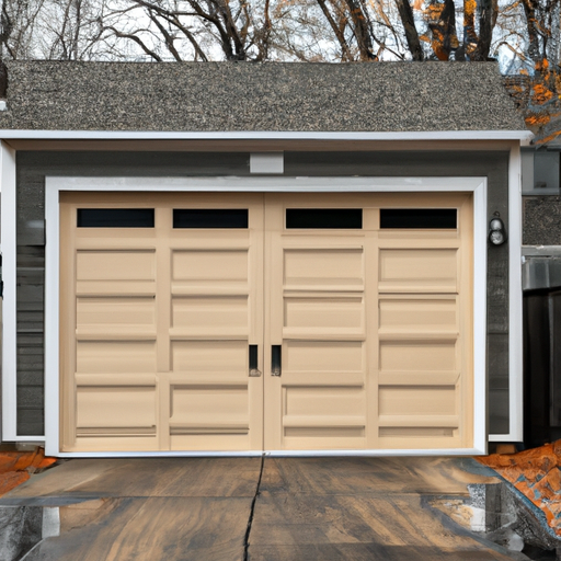 Closed suburban garage door in Acton, MA showing bottom seal and threshold on a wet autumn driveway.