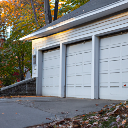Suburban Acton driveway with a residential garage door and visible opener rail at dusk, autumn trees in background.