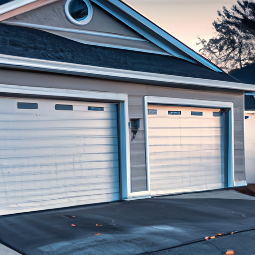 Modern insulated two-car garage door on a suburban Acton, MA home at dusk, showing closed sectional door and quiet street.