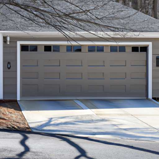 Suburban Acton, MA garage exterior with modern sectional door partially open, showing seal and tracks.