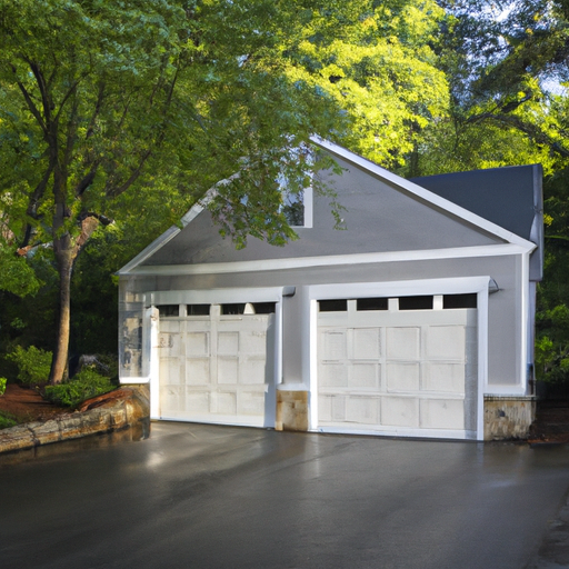 Suburban Acton, MA home with a modern garage door, wet driveway and mature trees in early morning light.