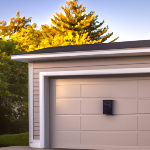 Suburban Acton garage with modern sectional door and visible smart keypad at dusk, driveway and maple trees visible.