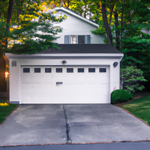 Suburban Acton driveway showing a two-car garage door with weatherstripping and opener rail, no people.