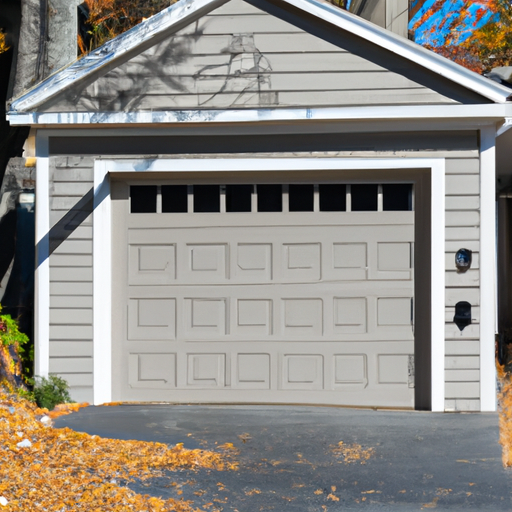 Closed suburban garage door with visible panels, weather seal, and driveway in Acton, MA on a clear late-autumn day.