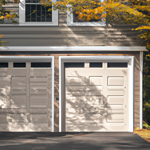 Suburban Acton home with a modern sectional garage door, driveway, and early fall trees in soft morning light.