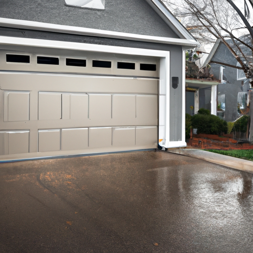 Modern steel garage door on a suburban Acton, MA home at morning light after rain, no people.