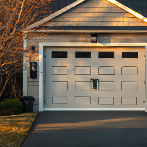 Suburban Acton garage with a modern sectional door and a visible smart keypad at golden hour, no people.
