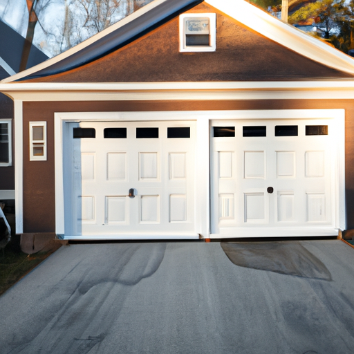 Residential garage door with visible bottom seal and threshold on a suburban Acton, MA driveway with light frost on edges.