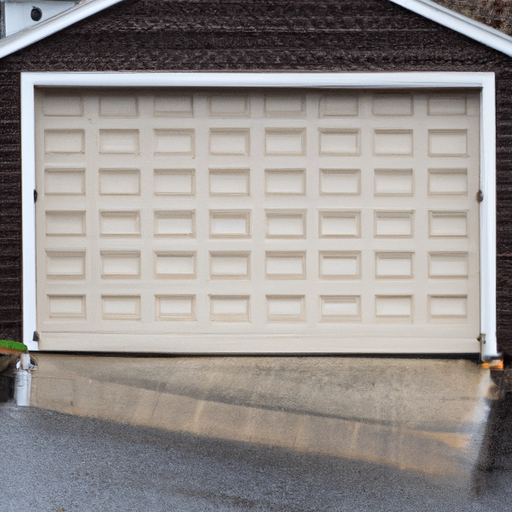 Suburban Acton driveway with closed residential garage door showing panels, tracks, and weather seal on a wet day.