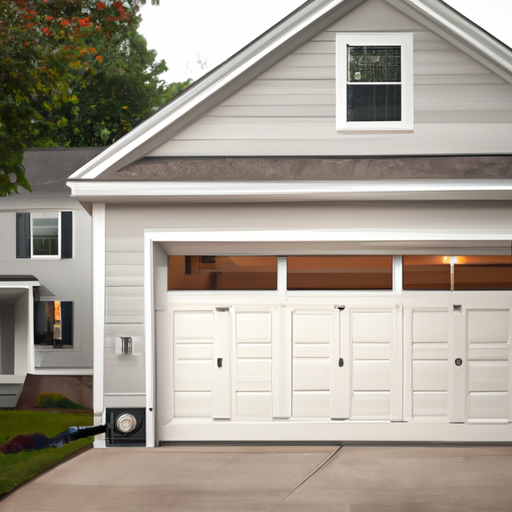 Suburban Acton garage with a modern sectional door partially open, showing driveway and hardware, late afternoon light.