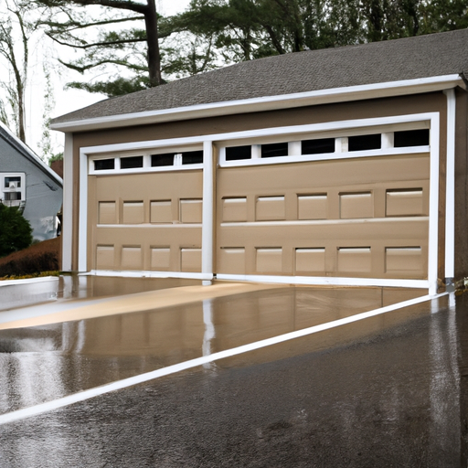Suburban Acton garage exterior showing a sectional garage door with visible tracks and weather seal after light rain.