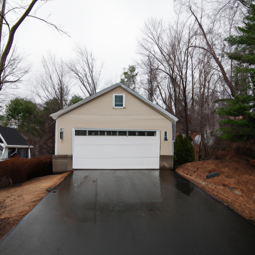Suburban Acton home with closed insulated sectional garage door on an overcast late-winter day.