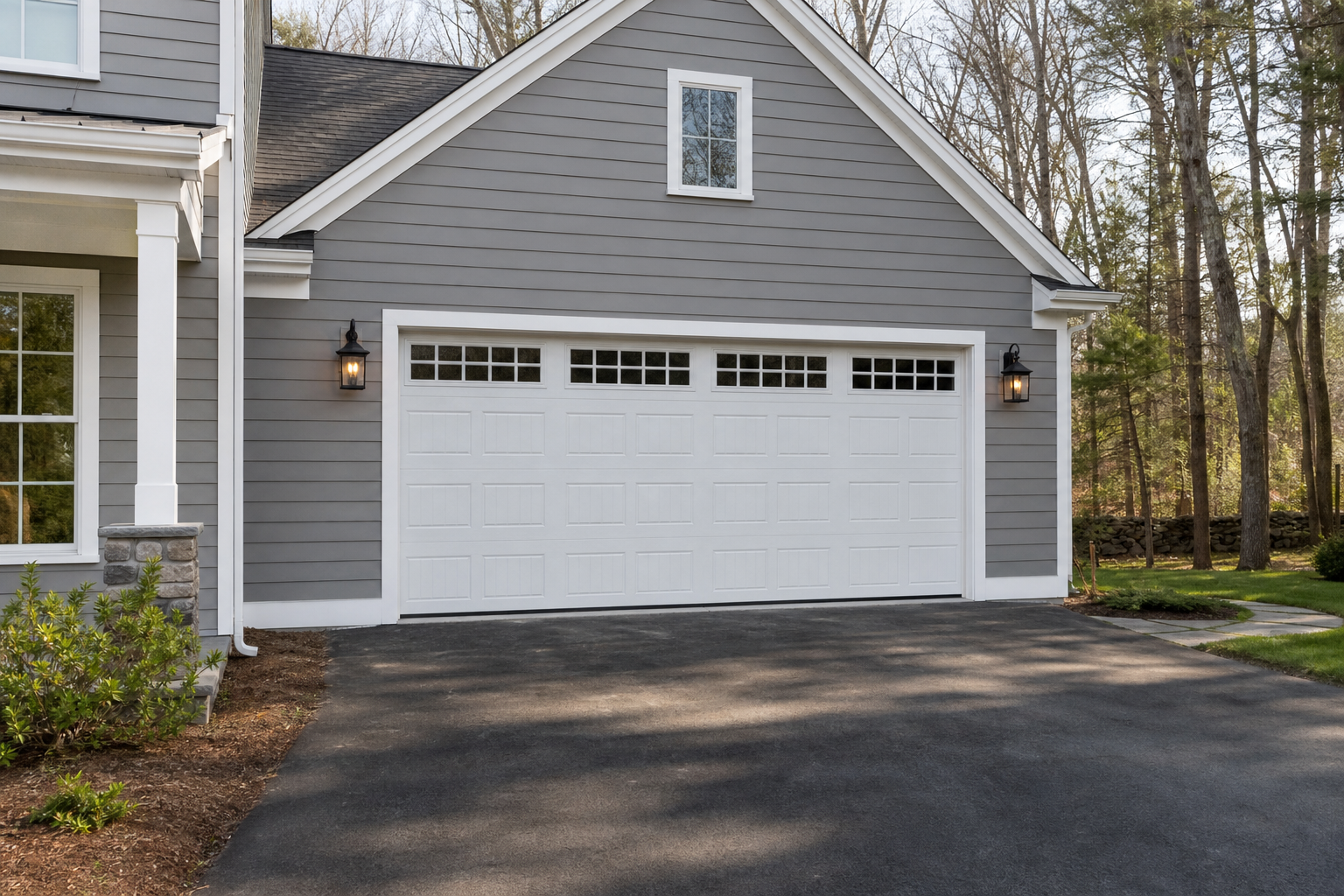 Suburban Acton garage exterior with a full garage door in daylight